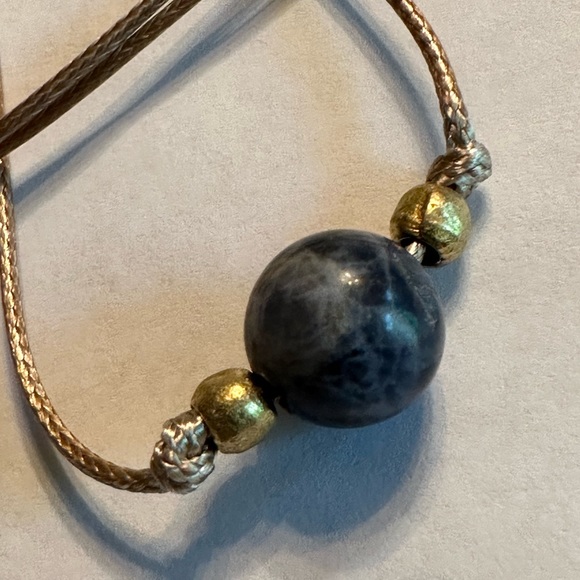 ARTISAN Sodalite and Brass Bead Knotted Golden Tan Cord Adjustable 26” Necklace - Picture 4 of 8